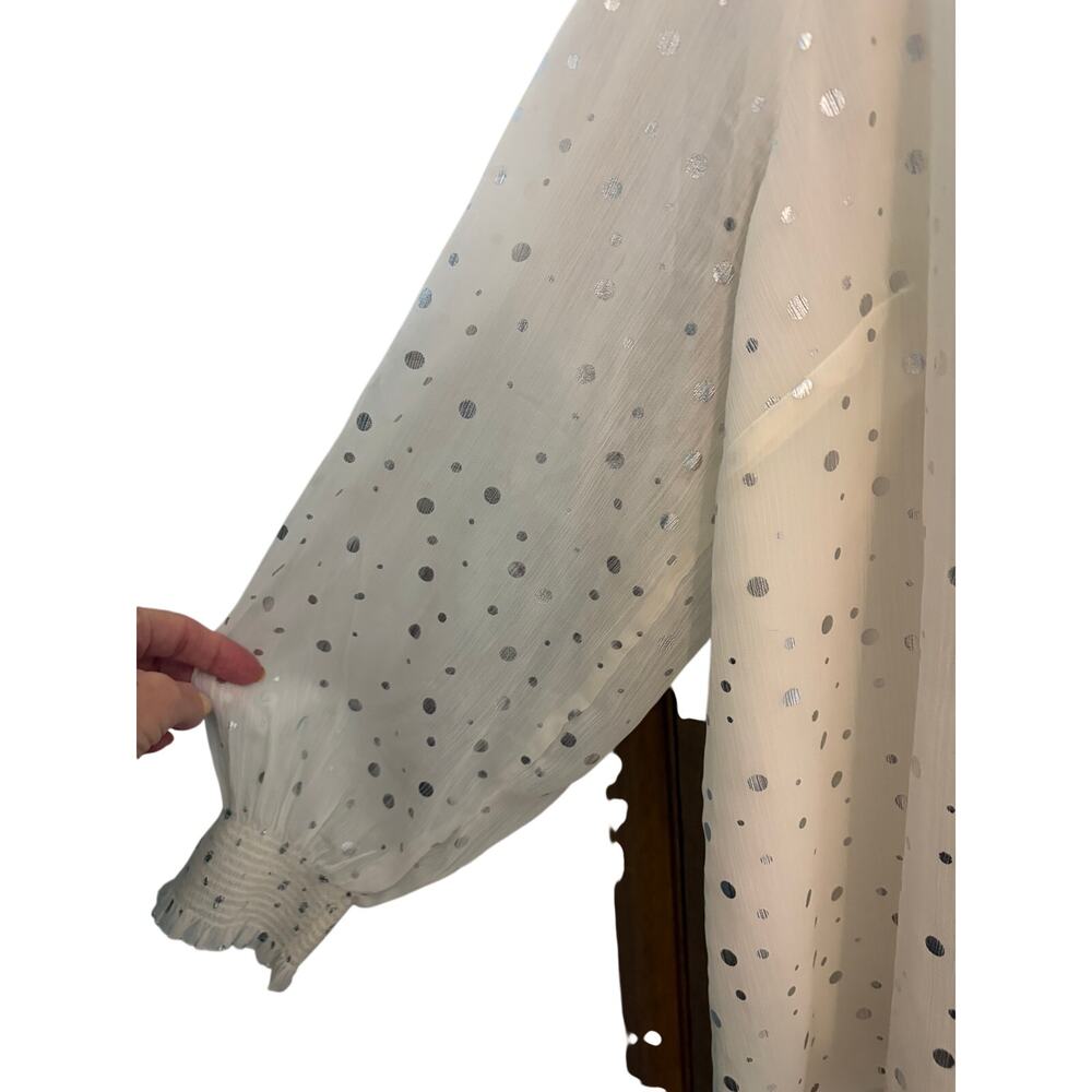 Talbots 2XP Petite‎ Silver Metallic Polka Dot Chiffon Blouse NWT Smocked Sleeve - Picture 4 of 7